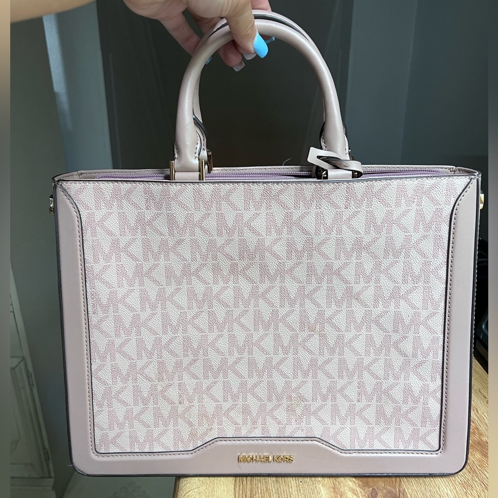 Michael Kors Hamilton Large Vanilla MK Signature Pink Satchel Crossbody Handbag